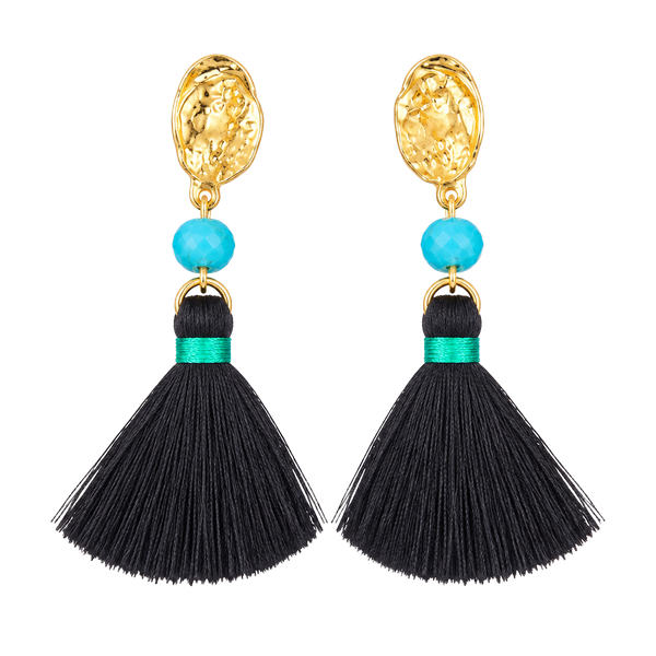 Gold Tone Tassel Earrings- Brown & Turquoise