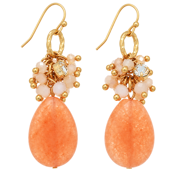 Beaded Cluster Teardrop Earrings- Peach & Beige