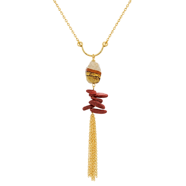 Gold Tone Stones & Chain Tassel Necklace- Beige/Brown & Rust