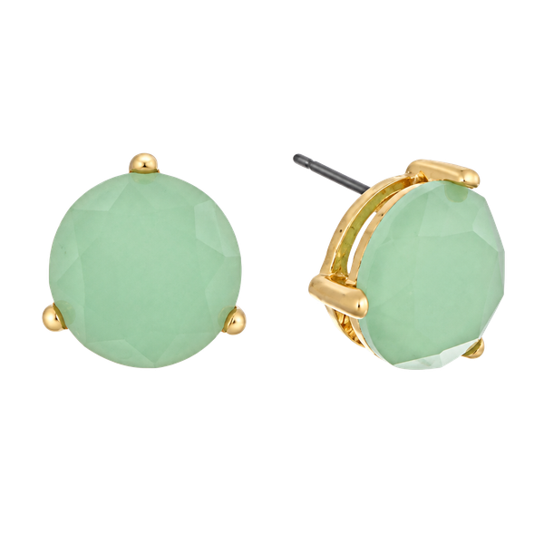 Gold Tone Round Faceted Stone Post Earrings- Mint