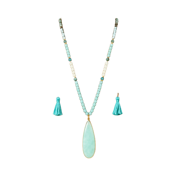 Beaded Teardrop & Tassels Necklace- Light Blue & Turquoise