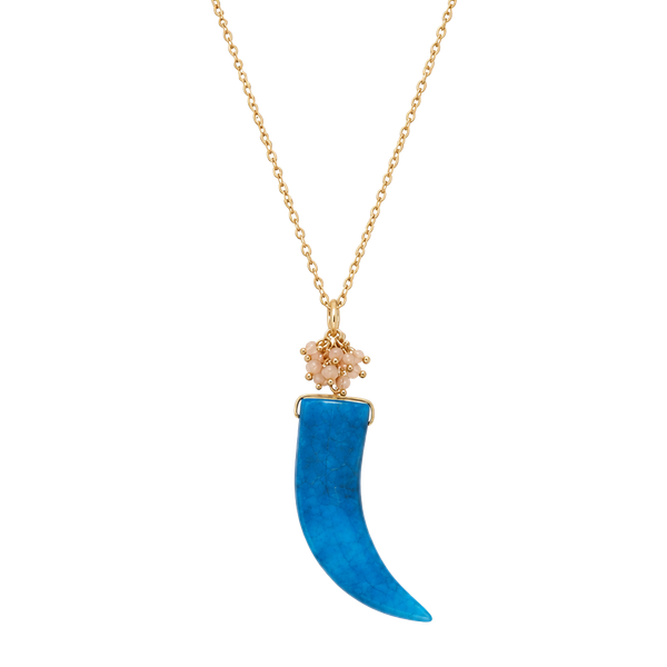 Gold Tone Beads & Horn Pendant Necklace- Royal Blue