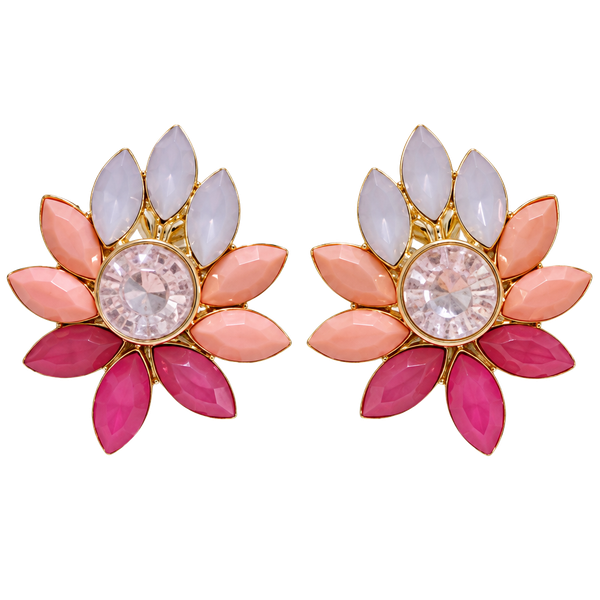 Gem Cluster Flower Post Earrings- Magenta & Coral