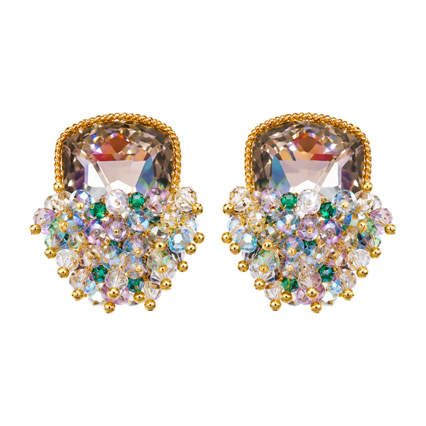 Gold Crystal Zoe Cluster Earrings in Dark Gray & Green with Bead & Chain Detail