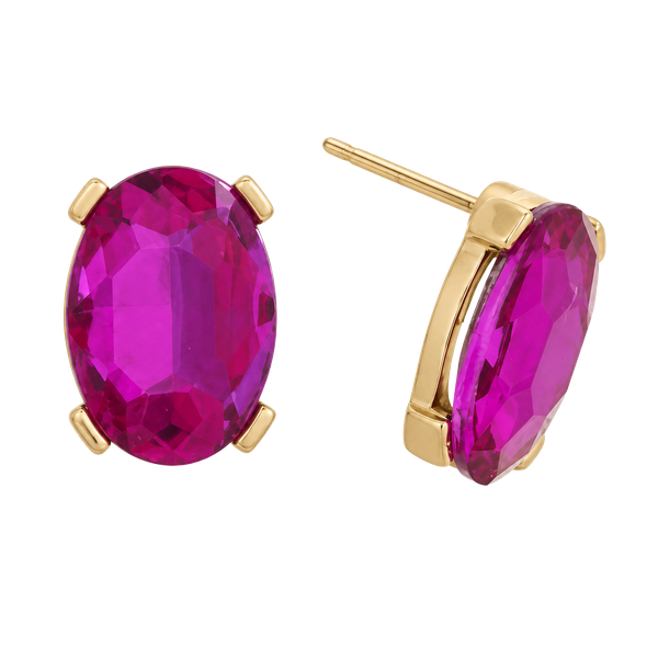 Gold Tone Oval Gem Post Earrings- Fuchsia