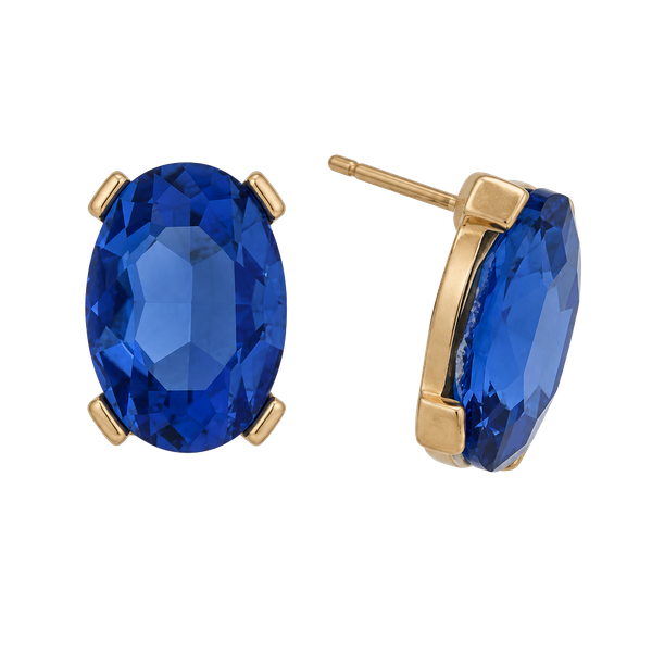 Gold Tone Oval Gem Post Earrings- Sapphire Blue