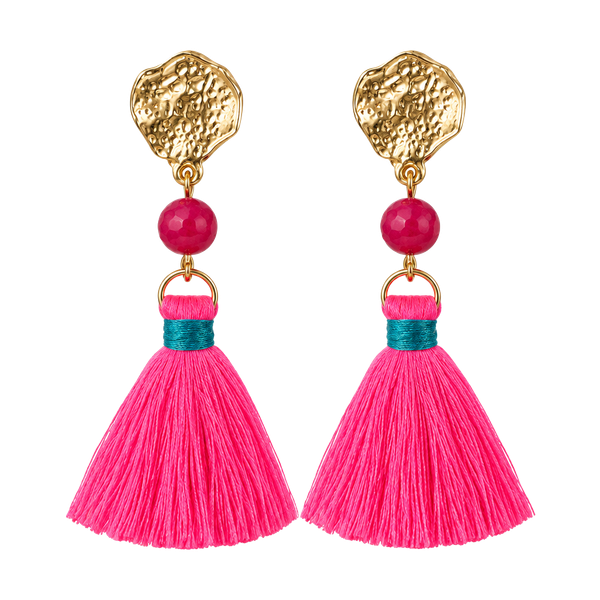 Gold Tone Tassel Earrings- Neon Pink/Magenta/Teal