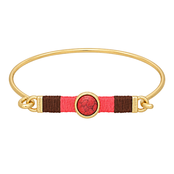 Gold Tone Threaded Bar & Stone Latch Bangle Bracelet- Red/Coral & Brown