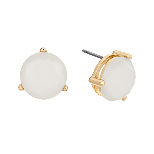 Gold Tone Faceted Round Stone Post Earrings- White