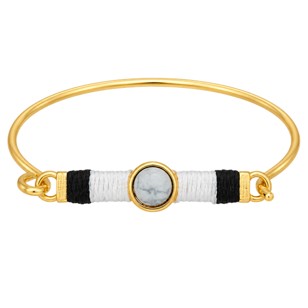 Gold Tone Threaded Bar & Stone Latch Bangle Bracelet- White & Black