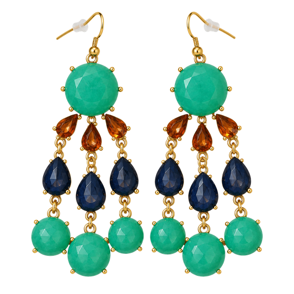 Gold Tone Mint/Navy/Amber Waterfall Statement Earrings