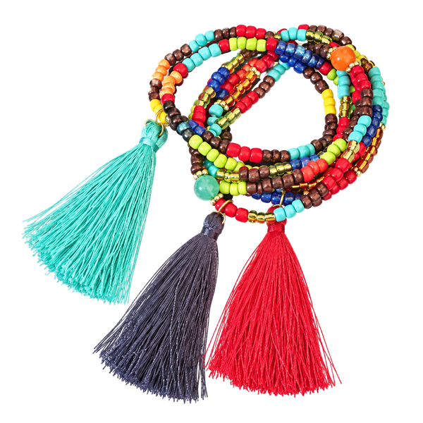 Bold Color Beads & Tassels Stretch Bracelet Set