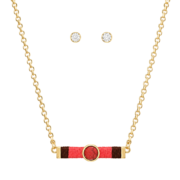 Gold Tone Threaded Bar Necklace Set- Red/Coral & Brown Gold