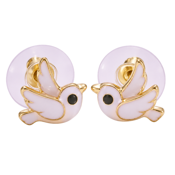 Gold Tone Bird Post Earrings- White