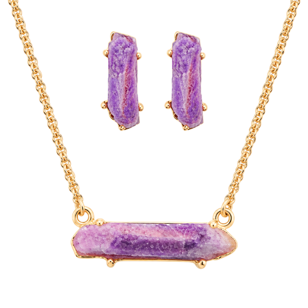 Rough Rock Pendant Necklace Set- Lavender & Gold