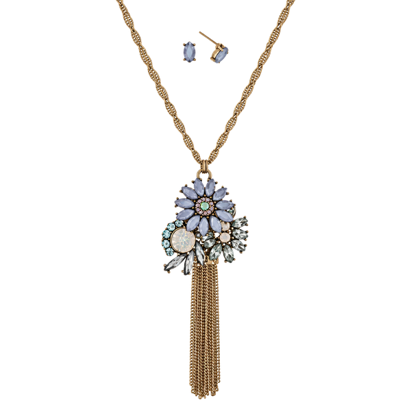 Flower Pendant Tassel Necklace Set- Light Blue & Turquoise