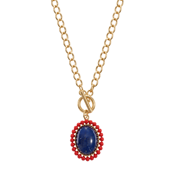 Gold Tone Oval Pendant Necklace-  Navy & Red