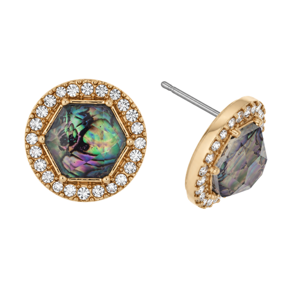 Gold Tone Hexagon & Rhinestone Halo Post Earrings- Abalone
