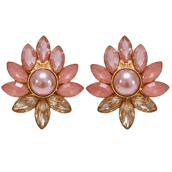 Gem Cluster Flower Post Earrings- Dusty Rose & Pink Pearl