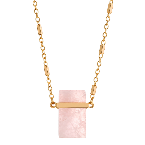 Gold Tone Rectangular Pendant Necklace- Rose Quartz