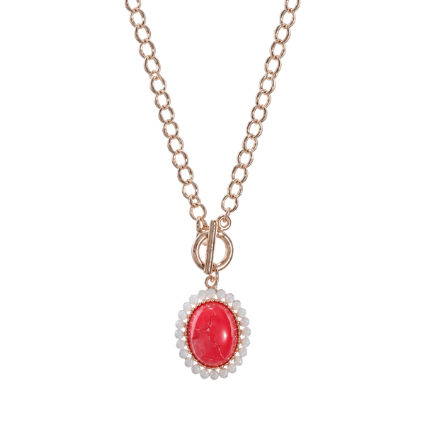 Gold Tone Oval Pendant Necklace- Red & White