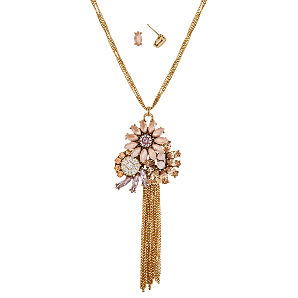 Flower Pendant Tassel Necklace Set- Blush & Pink