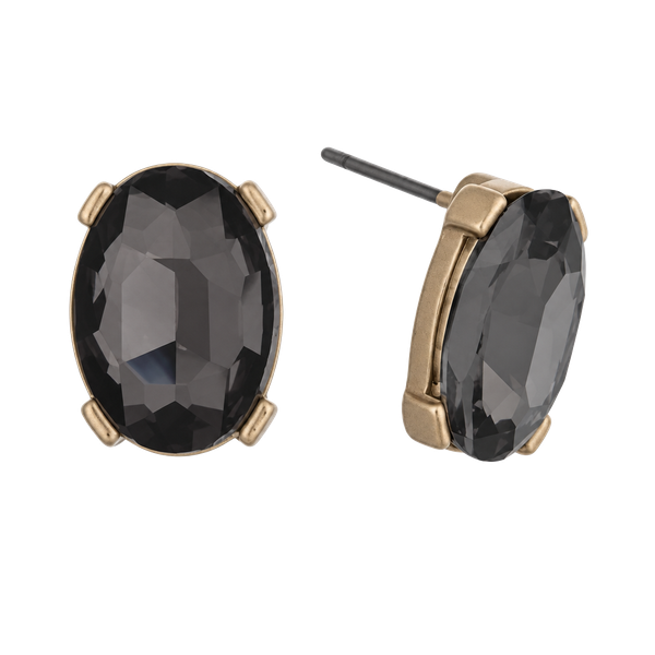 Gold Tone Oval Gem Post Earrings- Black Diamond
