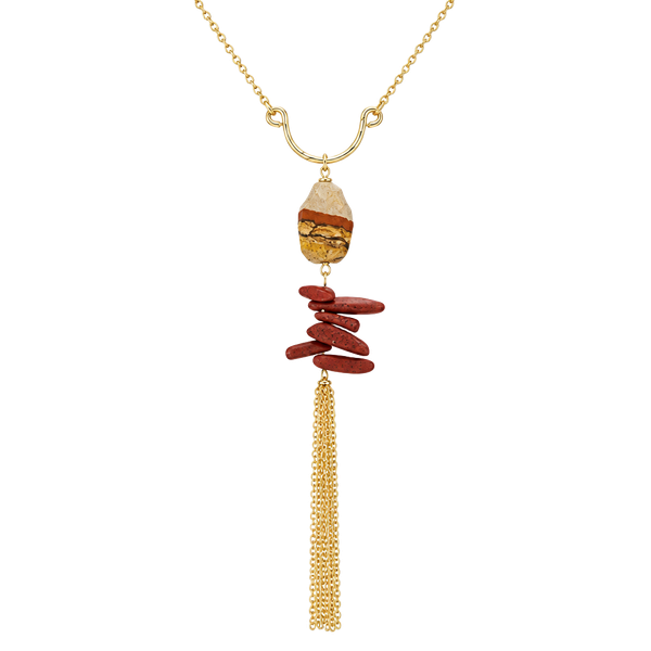 Gold Tone Stones & Chain Tassel Necklace- Rust & Beige/Brown