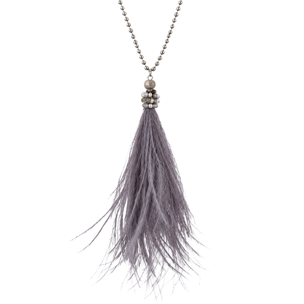 Beaded Feather Tassel Pendant Necklace- Gray