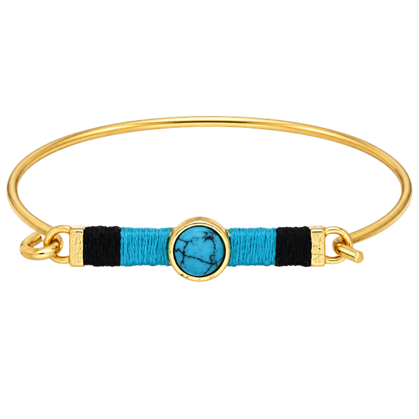 Gold Tone Threaded Bar & Stone Latch Bangle Bracelet- Turquoise & Black