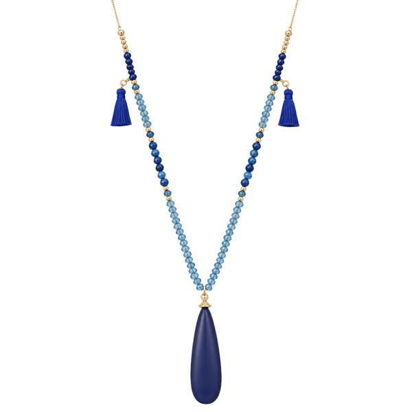 Beaded Teardrop & Tassels Necklace- Royal Blue
