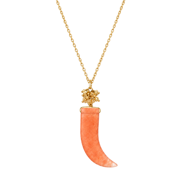 Gold Tone Beads & Horn Pendant Necklace- Peach