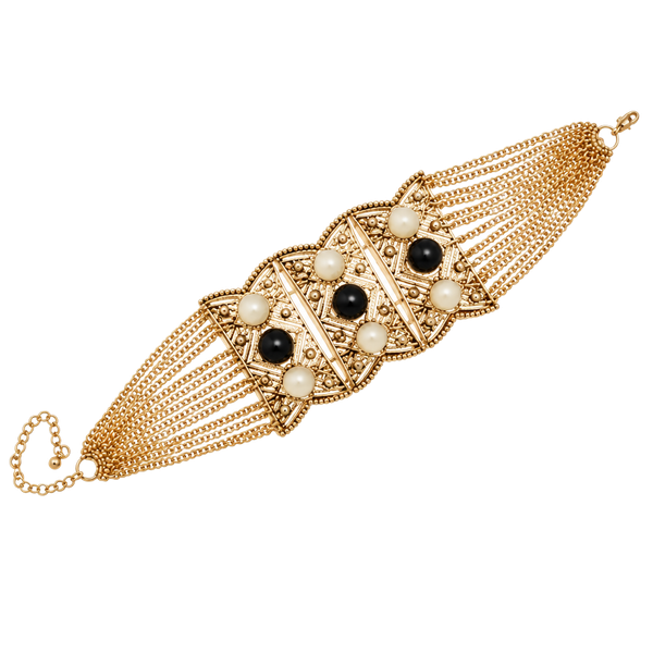 Gold Tone Beaded Chain Black & White Station Bracelet