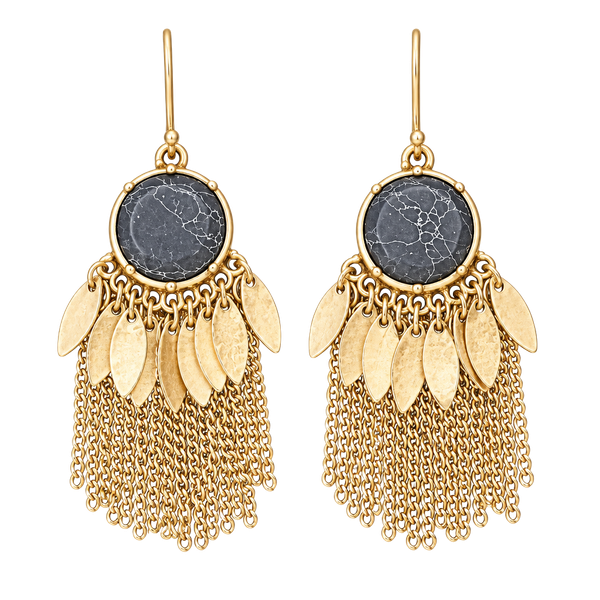 Natural Stone & Metal/Chain Fringe Earrings- Black
