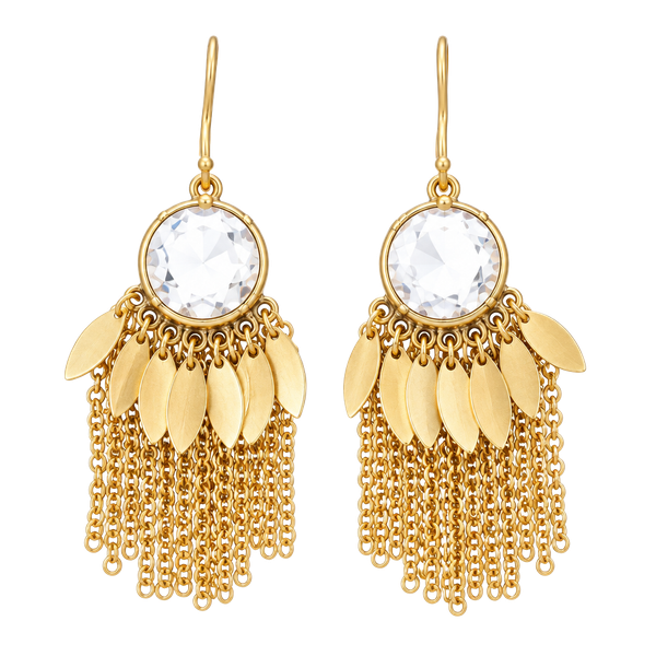 Gold Tone Natural Stone & Metal/Chain Fringe Earrings- White