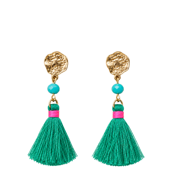 Gold Tone Tassel Earrings- Green/Fuchsia/Turquoise