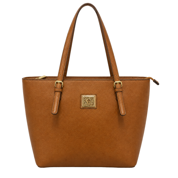 Anne Klein Brown Pebbled Faux Leather Zip Tote Shoulder Bag Gold Logo Large