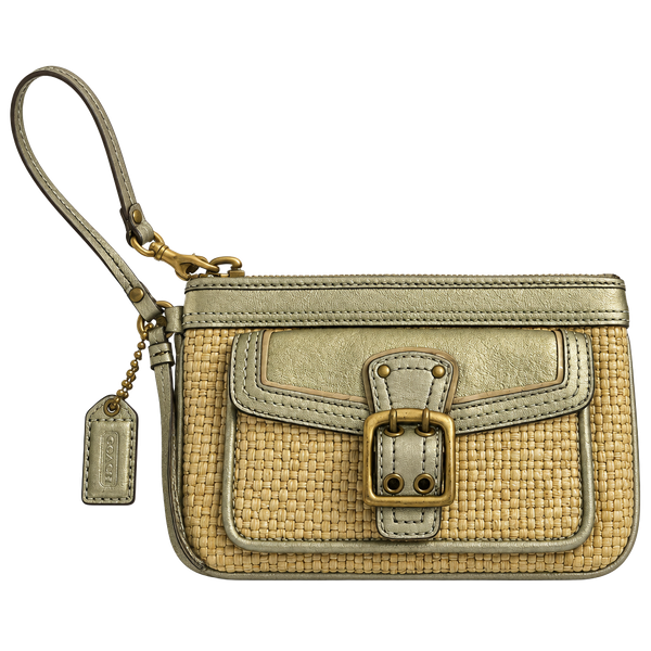 Coach Legacy Woven Straw and Metallic Leather Wristlet