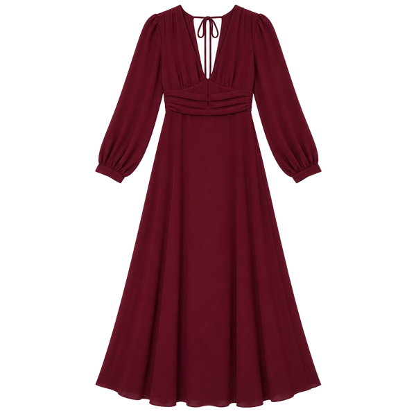 Lulus Long Sleeve Maxi Dress Size S Burgundy V-Neck Pleated Tie Back