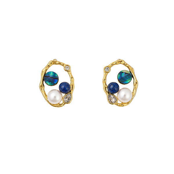 La Meno Irregular Gold Stud Earrings Blue Lapis Abalone Pearl