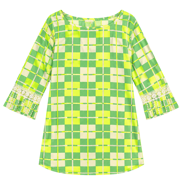SI Style Dress Size L Green Yellow Plaid Check Lace Fringe Tassel
