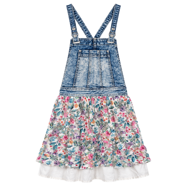 Jordache Acid Wash Denim Bib Overall Dress Floral Skirt