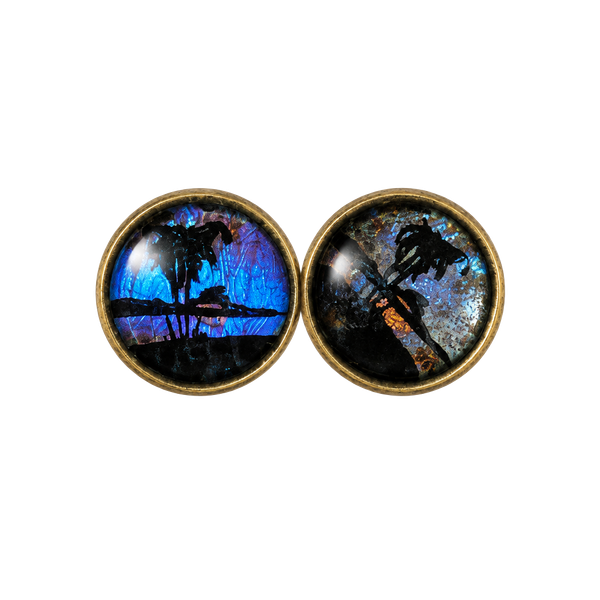 Vintage Reverse Painted Butterfly Wing Snall Dainty Blue Round Stud Earrings In excellent