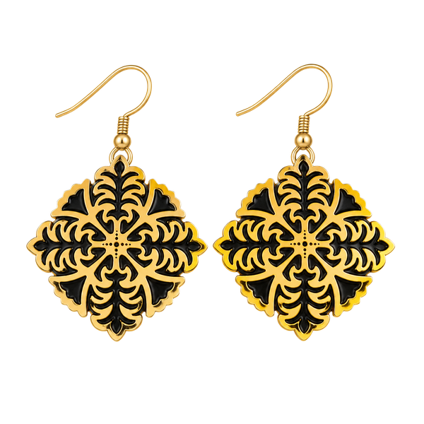 Boho Filigree Flower Gold and Black Dangle Earrings