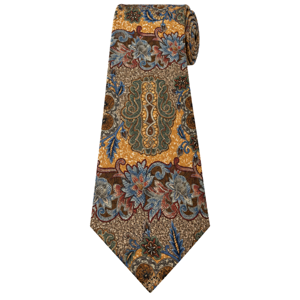417 By Van Heusen Tie Gold Floral Pattern Silk Necktie