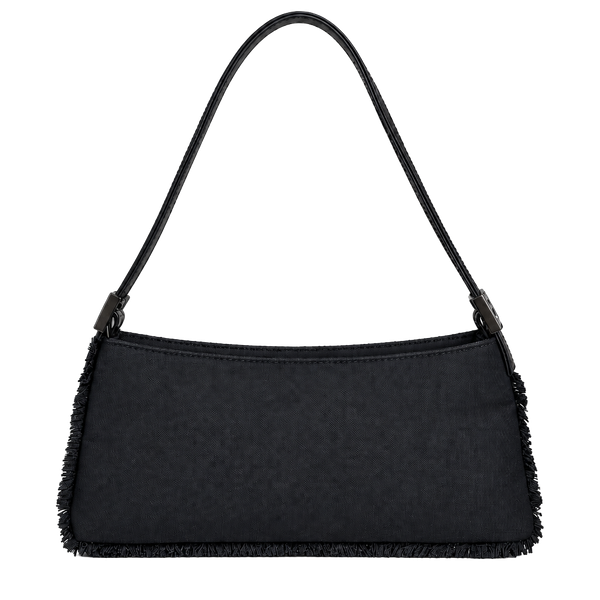 Y2K Black Baguette Shoulder Bag Frayed Trim Mini Purse Grunge Handbag 