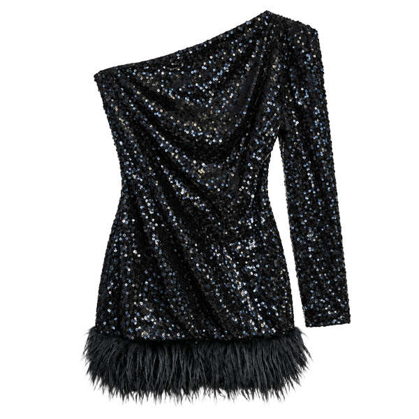Xunryan One Shoulder Feather Sequin Dress Size XL Black Long Sleeve Mini