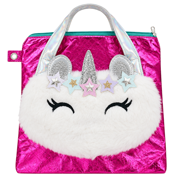 OMG Accessories Unicorn White Faux Fur Crossbody Bag Pink Metallic