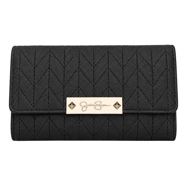 Jessica Simpson Black Quilted Faux Leather Snap Continental Long Wallet