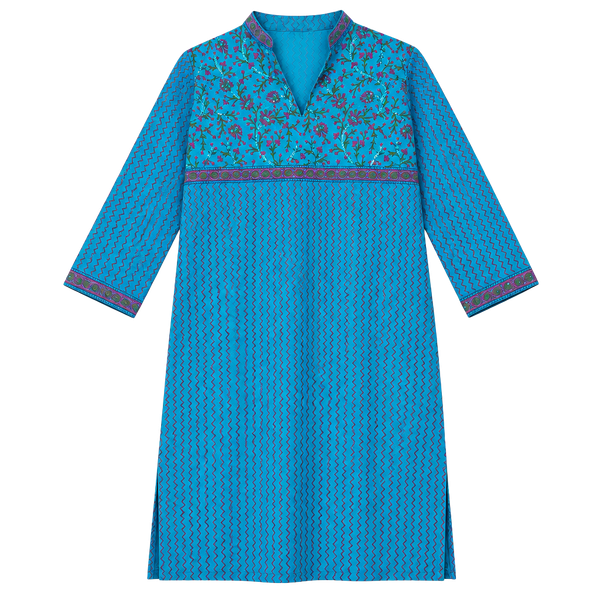 Turquoise Indian Kurta Tunic Dress Embroidered Sequin Boho Festival 3/4 Sleeve